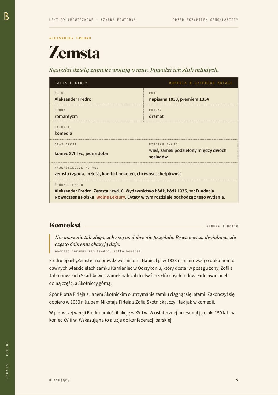 Zemsta: karta lektury i kontekst